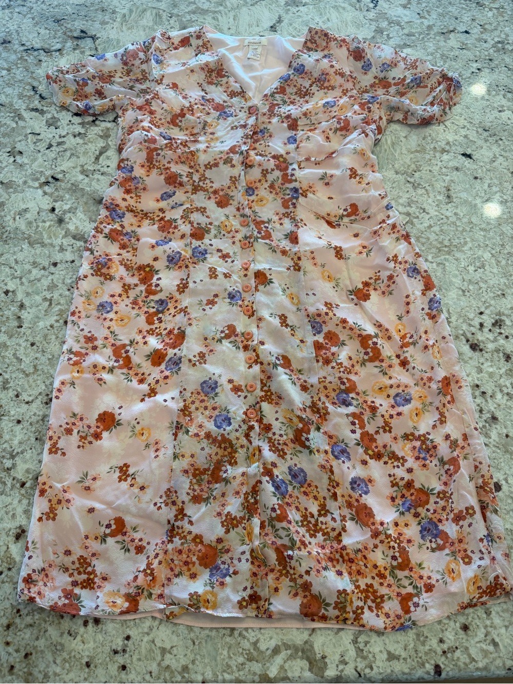 Sundance Romantic Peach Floral Print 100% Silk Ruffle Midi Dress Size 12 Petite